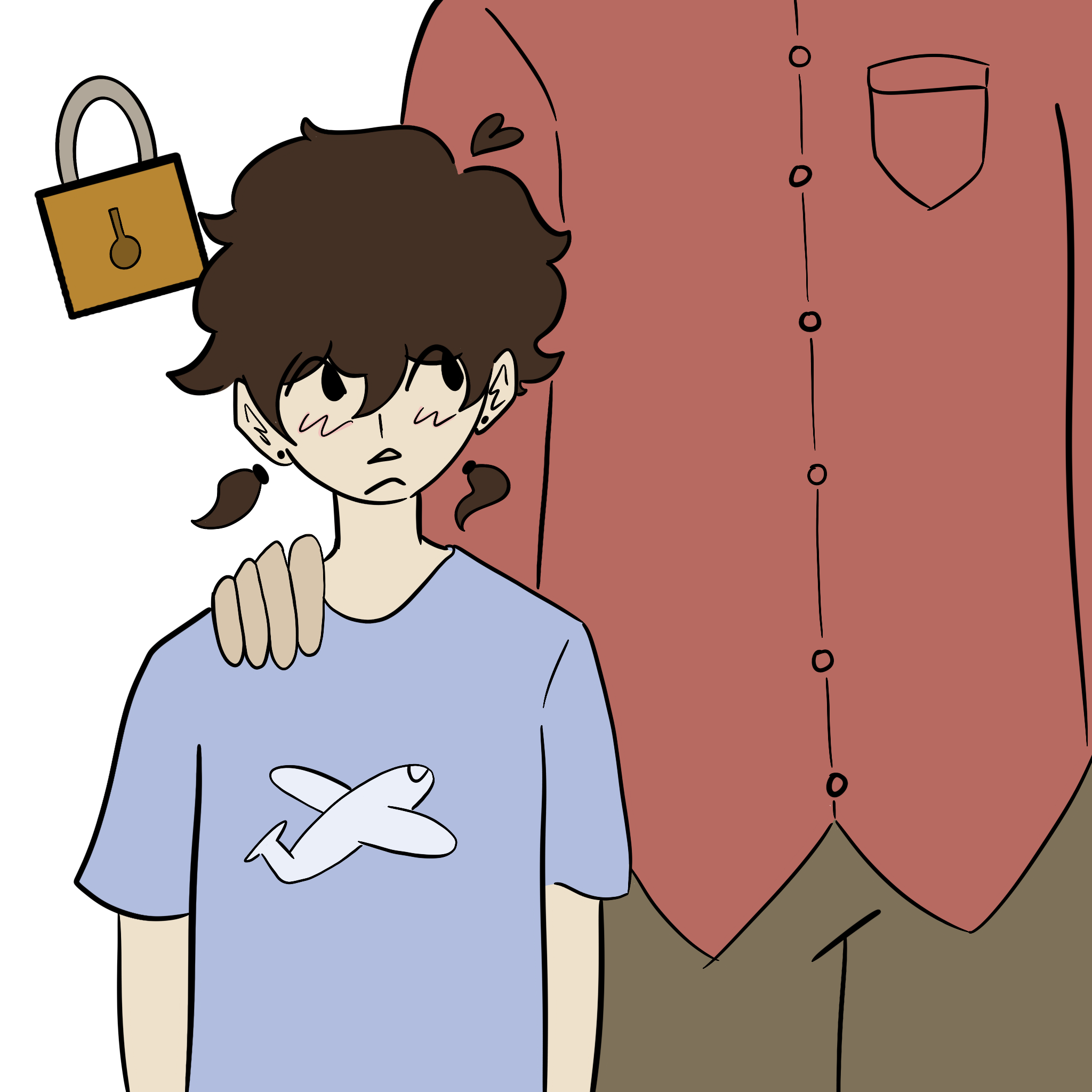 a small kid with brown hair in pigtails with a light blue airplane shirt standing next to a taller, faceless adult in a red flannel and olive pants who has their hand on the kid's shoulder. a golden, closed lock is in the backgroundf=